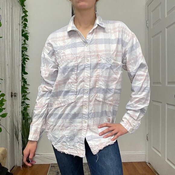 Free People Oversized Plaid Button Down Shirt Long Sleeve Size S White - Picture 1 of 4